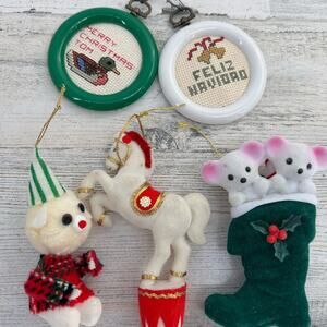 Vintage Christmas Ornaments Mixed Lot Flocked Cross Stitch